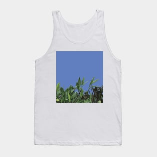 Lush Green Tropical Plants Drawing on Blue Tank Top